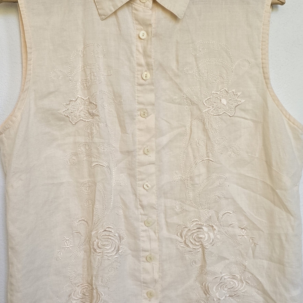 Once & Again 100% Linen Sleeveless Embroidered Button Down Cream Blouse XL - Picture 4 of 15